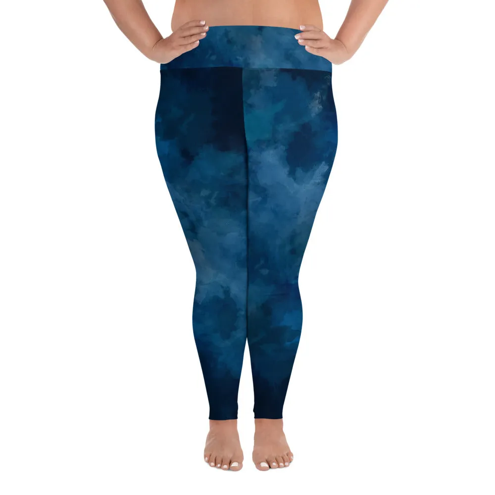 Blue Plus Size Women's Leggings, Abstract Long Yoga Pants For Curvy Women-Made in USA/EU