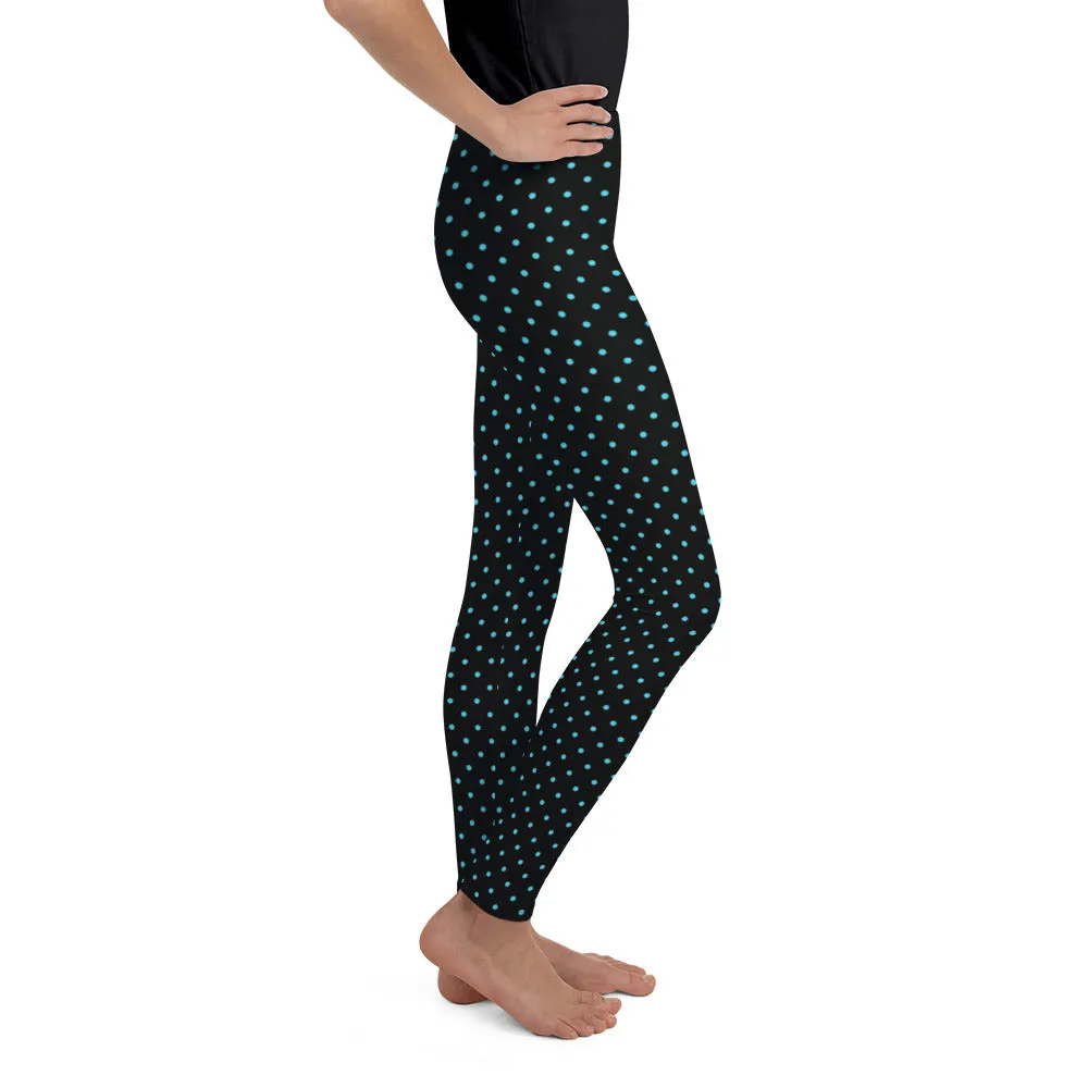 Blue Polka Dots Print Black Premium Youth Leggings Cute Yoga Pants - Made in USA/ EU