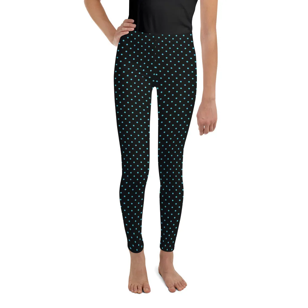 Blue Polka Dots Print Black Premium Youth Leggings Cute Yoga Pants - Made in USA/ EU