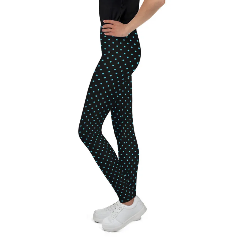 Blue Polka Dots Print Black Premium Youth Leggings Cute Yoga Pants - Made in USA/ EU