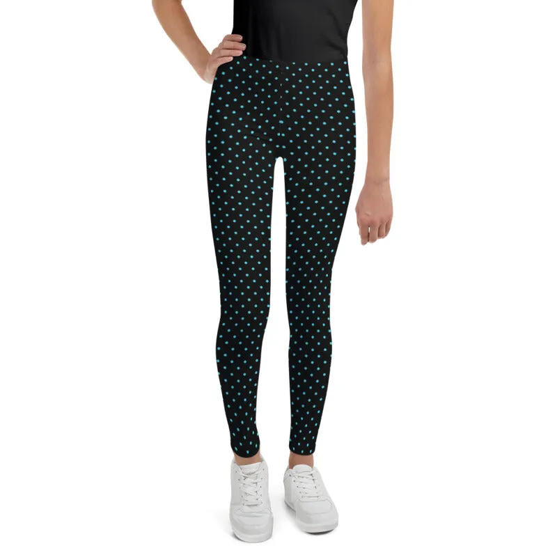 Blue Polka Dots Print Black Premium Youth Leggings Cute Yoga Pants - Made in USA/ EU