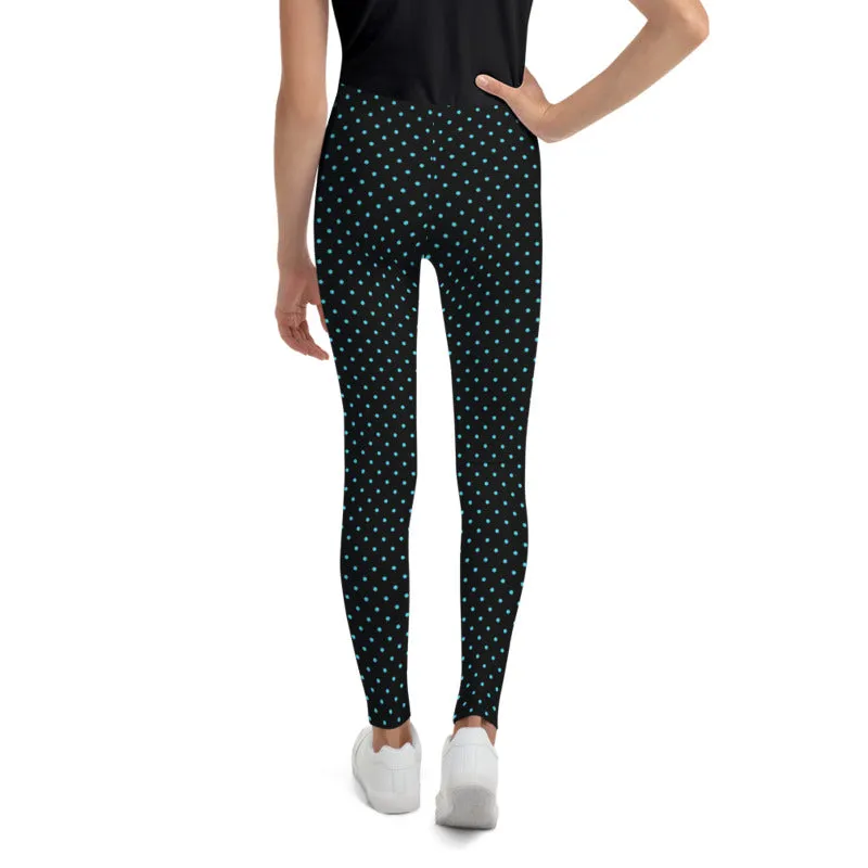 Blue Polka Dots Print Black Premium Youth Leggings Cute Yoga Pants - Made in USA/ EU