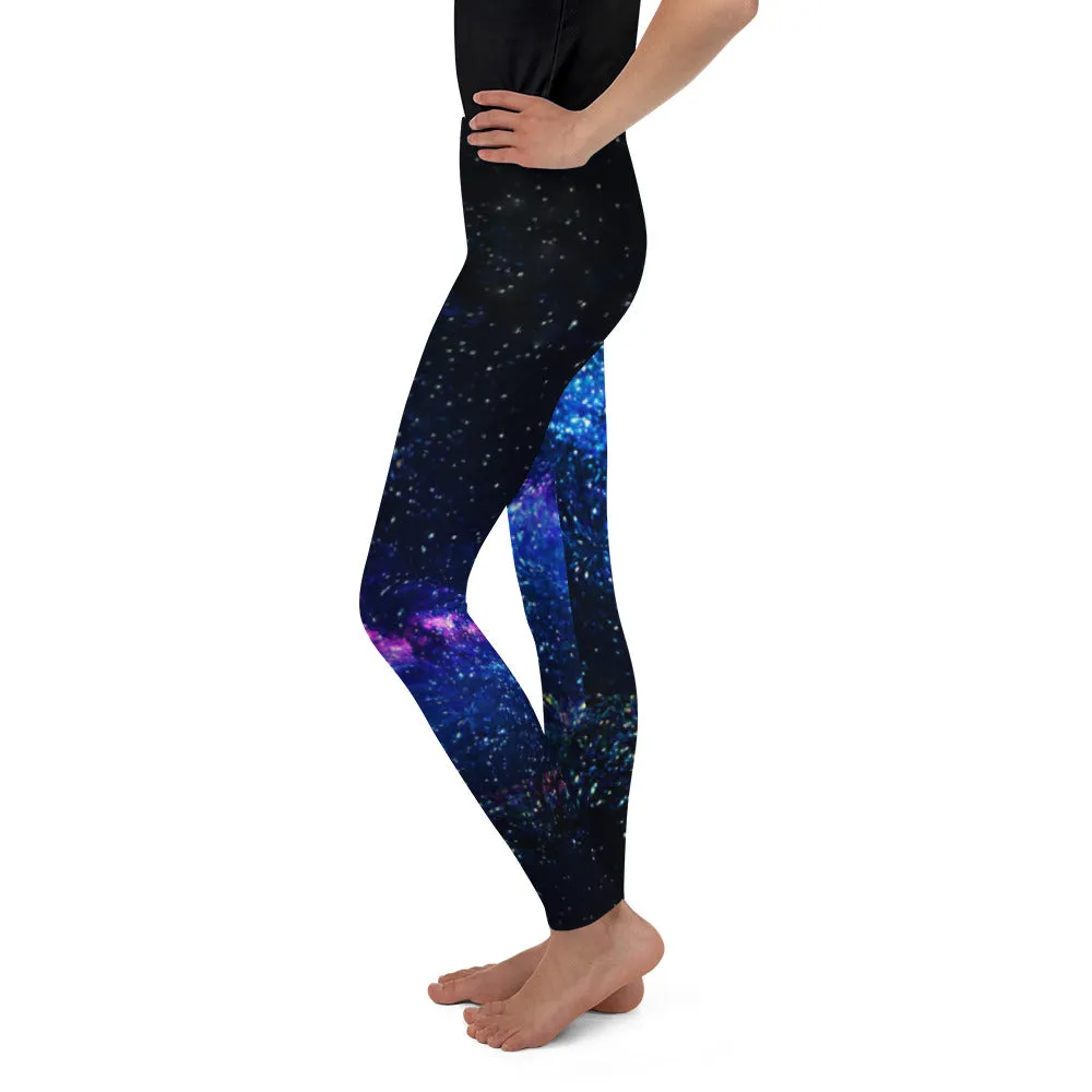 Blue Purple Galaxy Space Abstract Print Premium Cute Youth Leggings- Made in USA/ EU