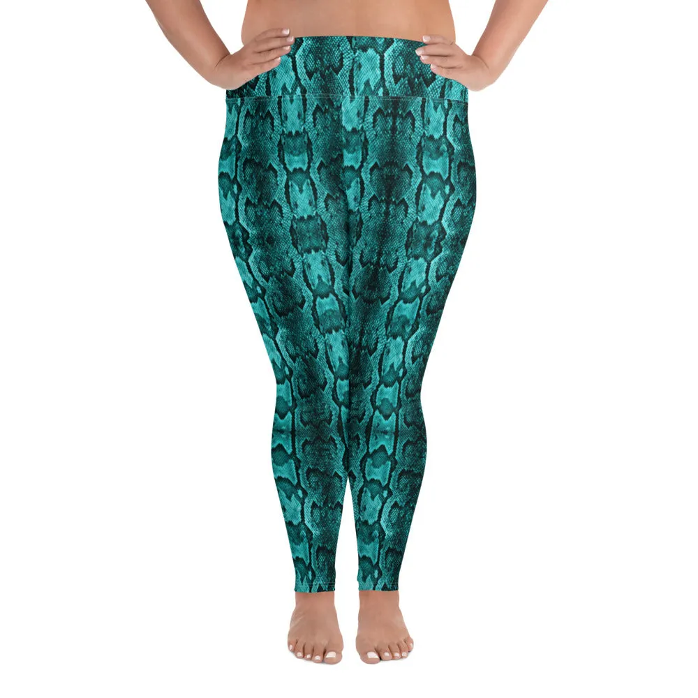 Blue Snake Plus Size Leggings, Best Snake Skin Print Plus Size Leggings For Ladies- Made in USA/EU/MX