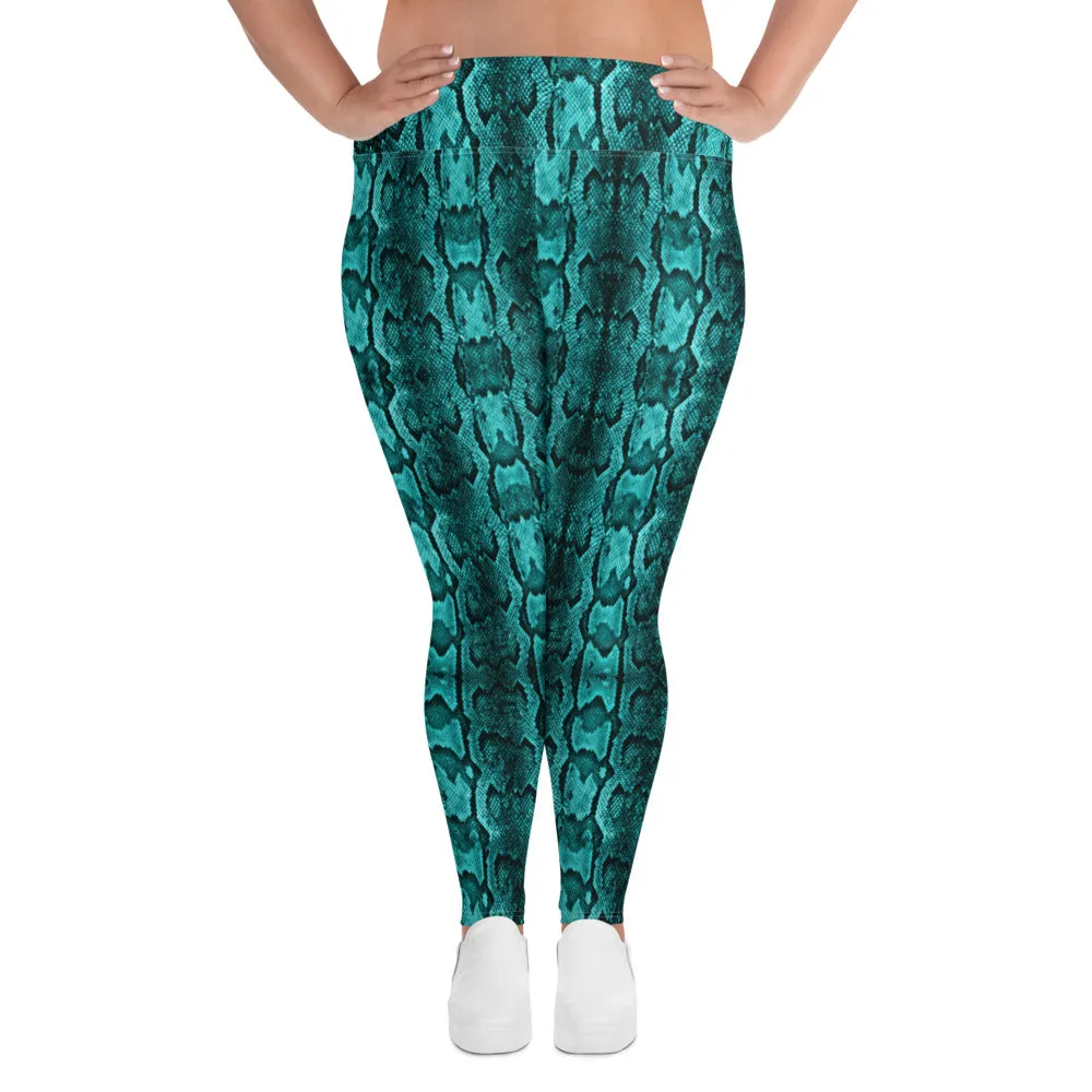 Blue Snake Plus Size Leggings, Best Snake Skin Print Plus Size Leggings For Ladies- Made in USA/EU/MX