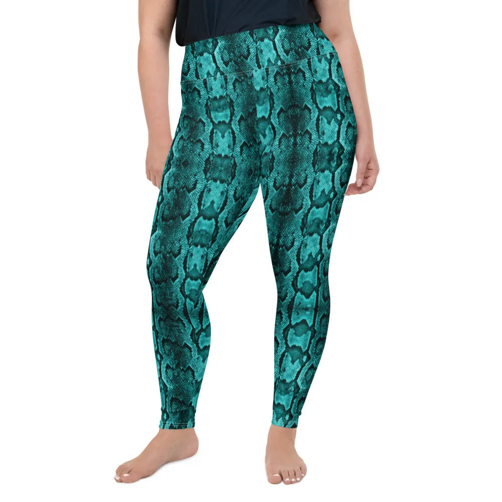 Blue Snake Plus Size Leggings, Best Snake Skin Print Plus Size Leggings For Ladies- Made in USA/EU/MX