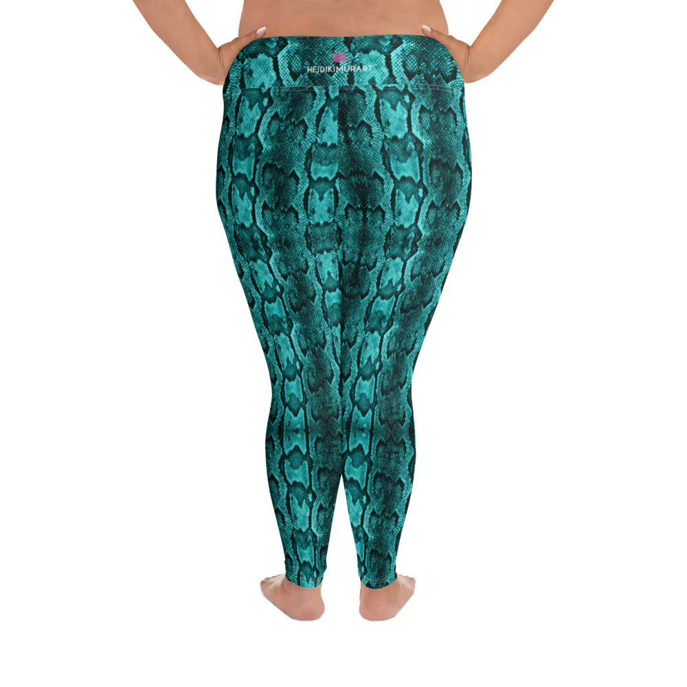 Blue Snake Plus Size Leggings, Best Snake Skin Print Plus Size Leggings For Ladies- Made in USA/EU/MX