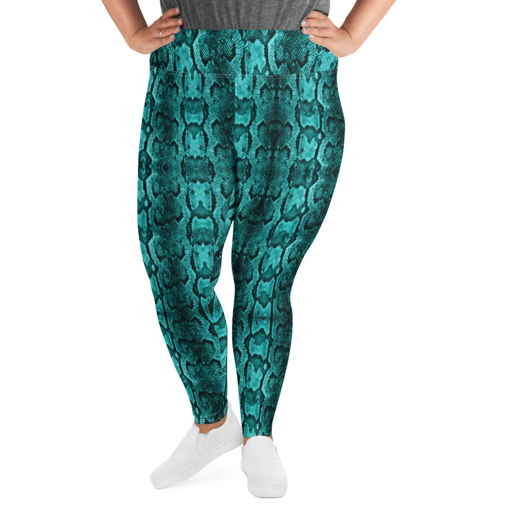 Blue Snake Plus Size Leggings, Best Snake Skin Print Plus Size Leggings For Ladies- Made in USA/EU/MX