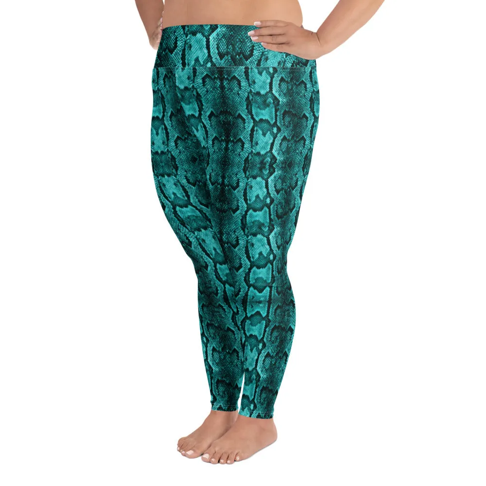 Blue Snake Plus Size Leggings, Best Snake Skin Print Plus Size Leggings For Ladies- Made in USA/EU/MX