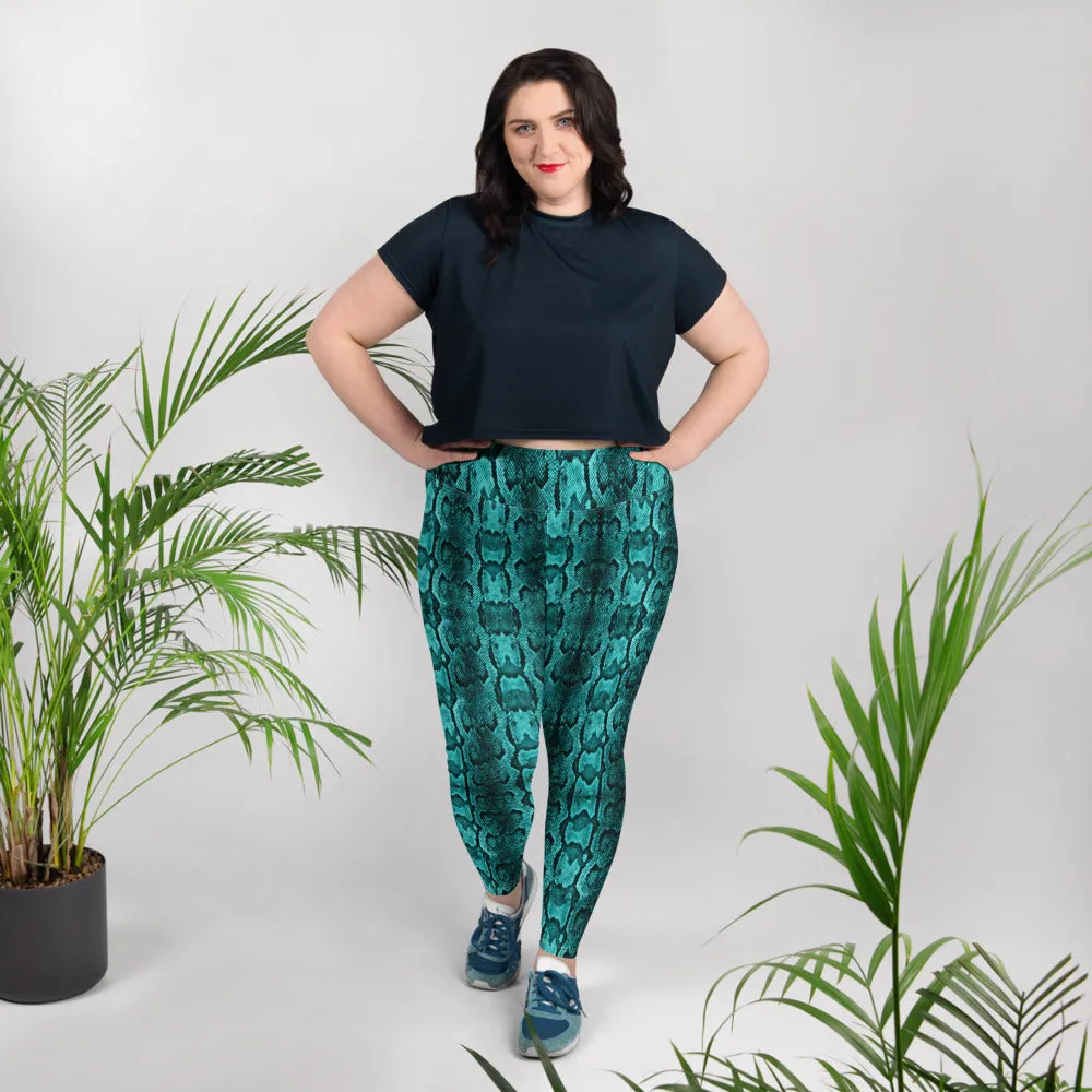 Blue Snake Plus Size Leggings, Best Snake Skin Print Plus Size Leggings For Ladies- Made in USA/EU/MX