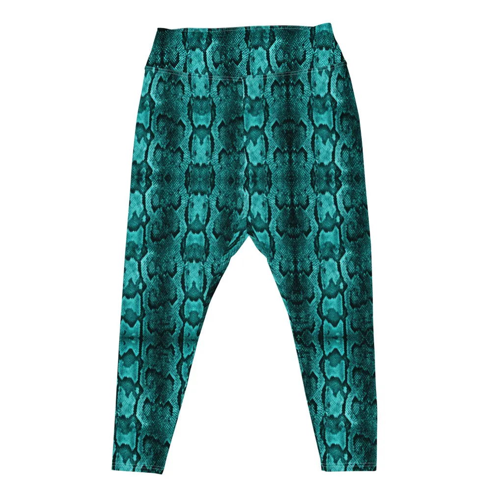 Blue Snake Plus Size Leggings, Best Snake Skin Print Plus Size Leggings For Ladies- Made in USA/EU/MX