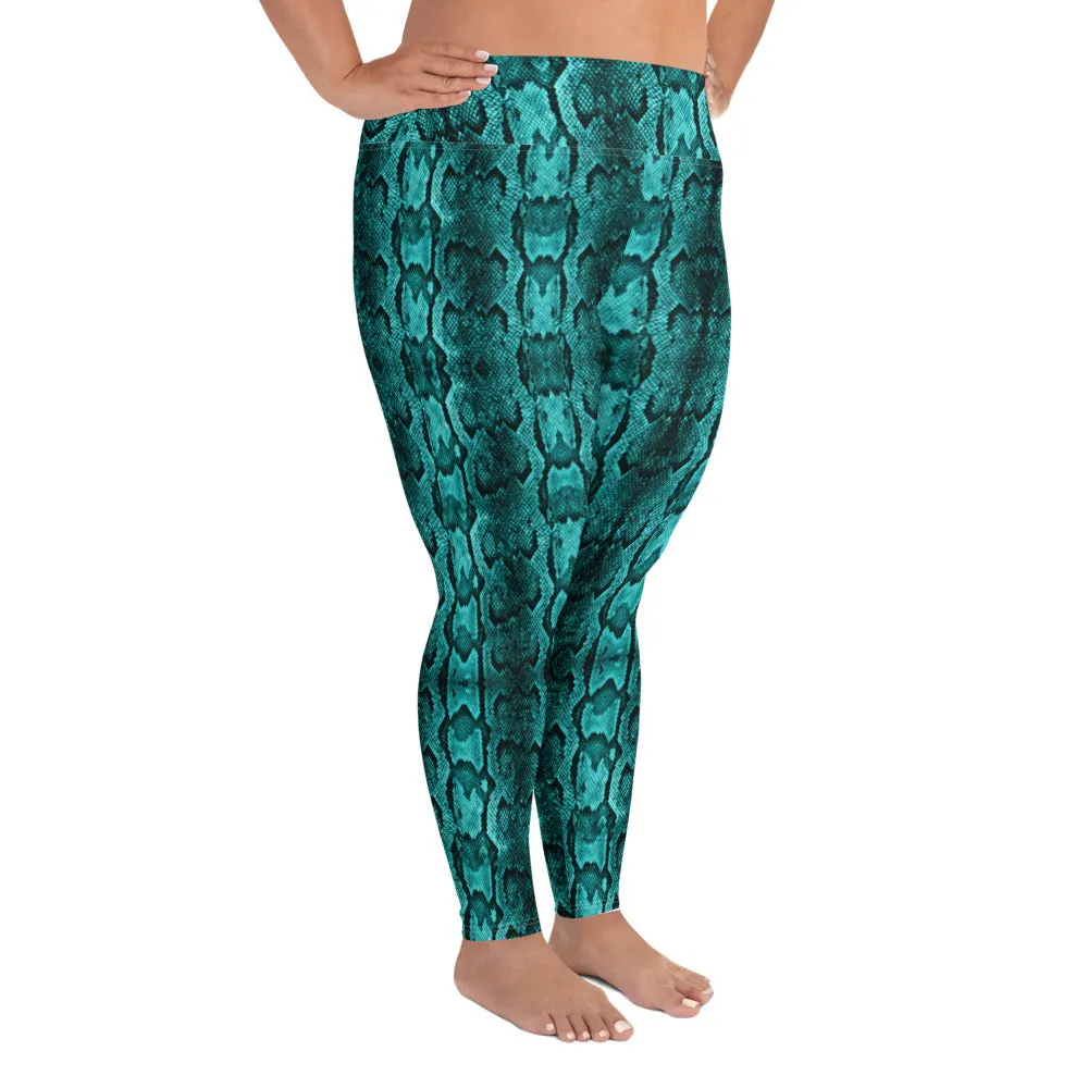 Blue Snake Plus Size Leggings, Best Snake Skin Print Plus Size Leggings For Ladies- Made in USA/EU/MX