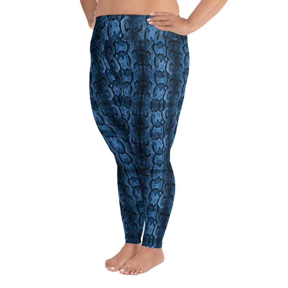 Blue Snake Print Women's Tights, Best Python Skin Print Plus Size Leggings For Ladies - Made in USA/EU/MX