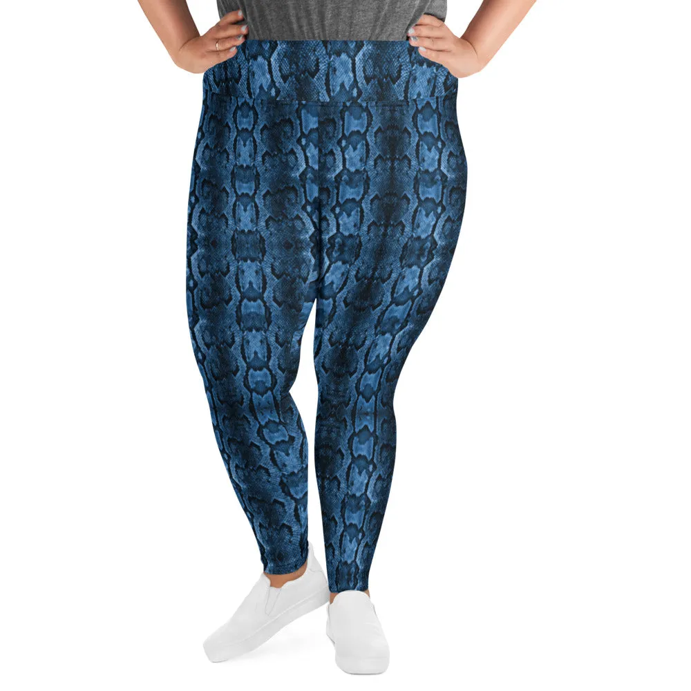 Blue Snake Print Women's Tights, Best Python Skin Print Plus Size Leggings For Ladies - Made in USA/EU/MX