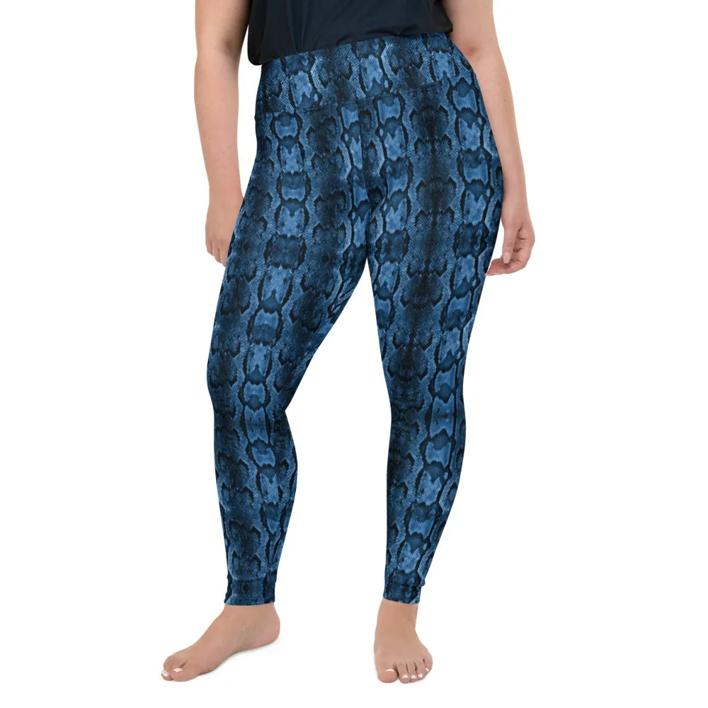 Blue Snake Print Women's Tights, Best Python Skin Print Plus Size Leggings For Ladies - Made in USA/EU/MX