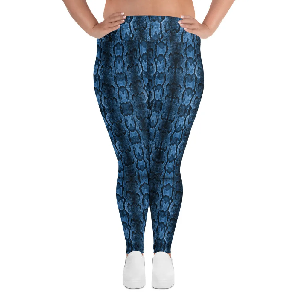 Blue Snake Print Women's Tights, Best Python Skin Print Plus Size Leggings For Ladies - Made in USA/EU/MX