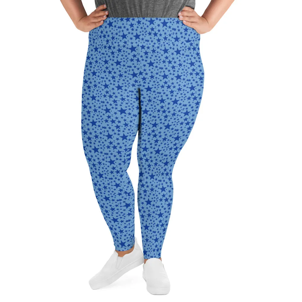 Blue Star Plus Size Leggings, Light Blue Star Space Pattern Women's Yoga Pants-Made in USA/EU