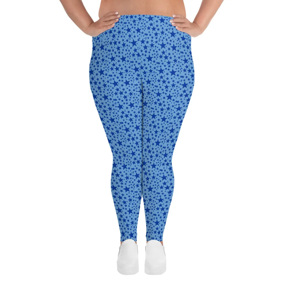 Blue Star Plus Size Leggings, Light Blue Star Space Pattern Women's Yoga Pants-Made in USA/EU