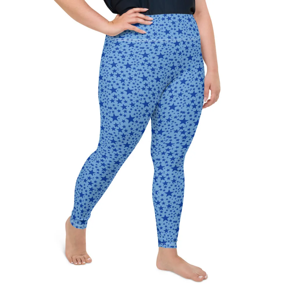 Blue Star Plus Size Leggings, Light Blue Star Space Pattern Women's Yoga Pants-Made in USA/EU