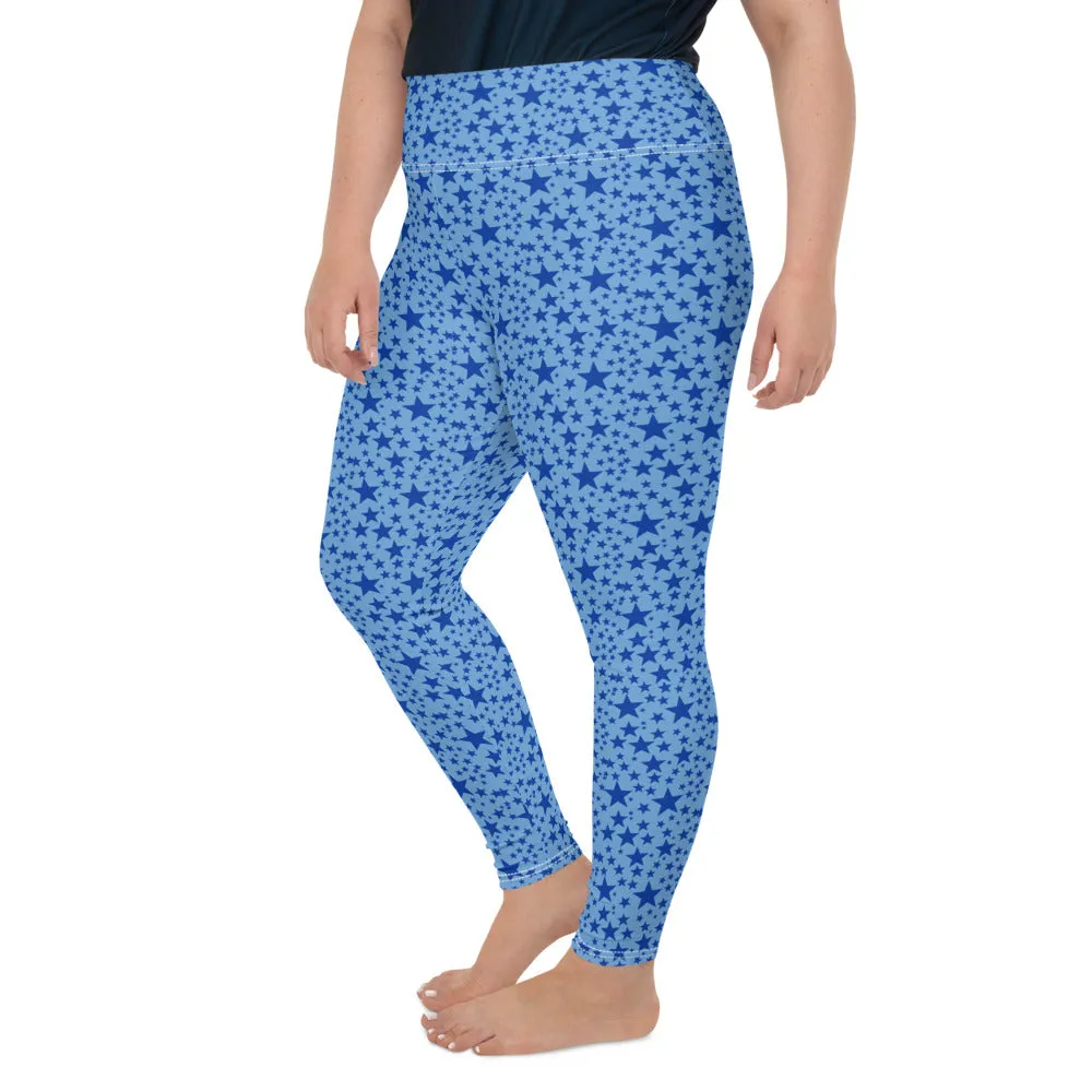 Blue Star Plus Size Leggings, Light Blue Star Space Pattern Women's Yoga Pants-Made in USA/EU