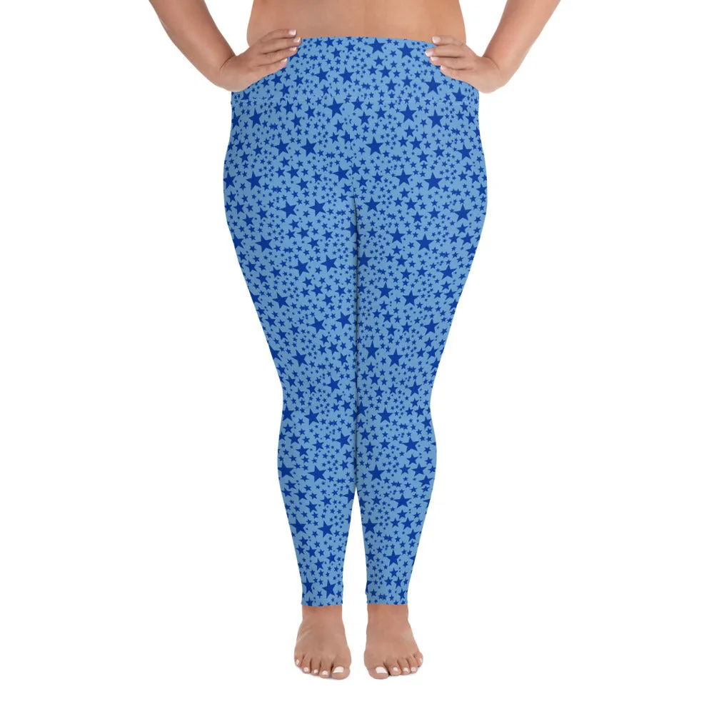 Blue Star Plus Size Leggings, Light Blue Star Space Pattern Women's Yoga Pants-Made in USA/EU