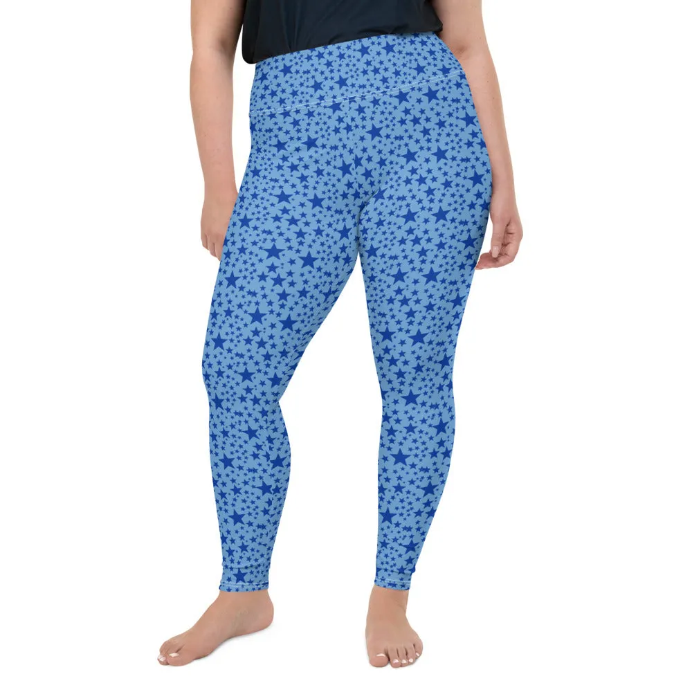 Blue Star Plus Size Leggings, Light Blue Star Space Pattern Women's Yoga Pants-Made in USA/EU