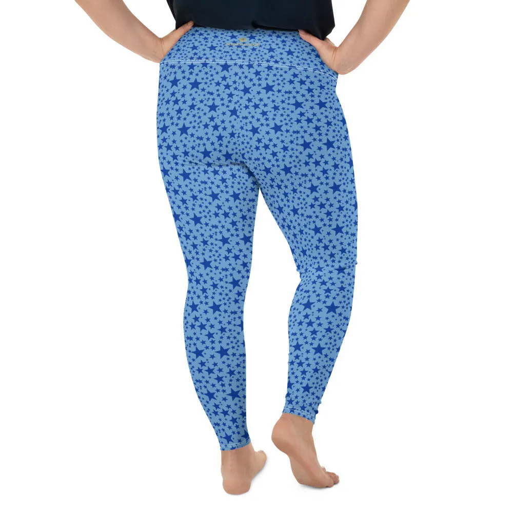 Blue Star Plus Size Leggings, Light Blue Star Space Pattern Women's Yoga Pants-Made in USA/EU