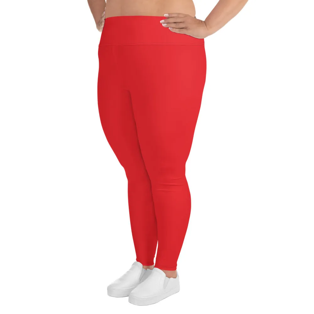 Bright Red Plus Size Leggings, Red Solid Color Women's Yoga Leggings-Made in USA/EU