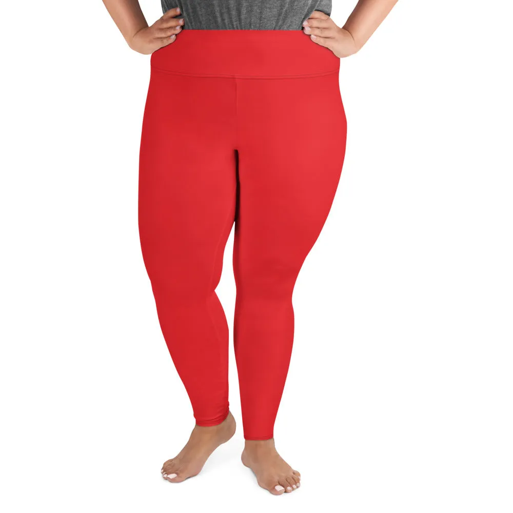 Bright Red Plus Size Leggings, Red Solid Color Women's Yoga Leggings-Made in USA/EU