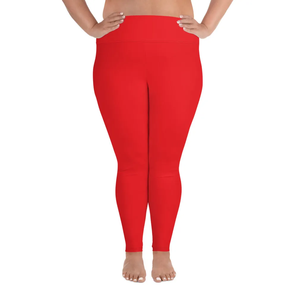 Bright Red Plus Size Leggings, Red Solid Color Women's Yoga Leggings-Made in USA/EU