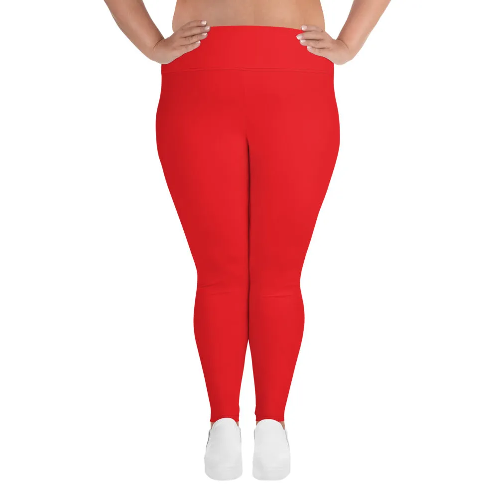 Bright Red Plus Size Leggings, Red Solid Color Women's Yoga Leggings-Made in USA/EU