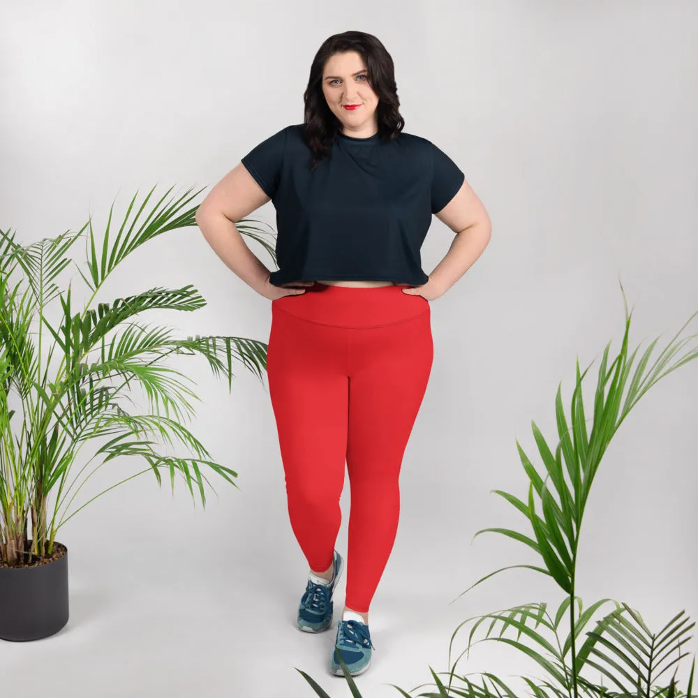 Bright Red Plus Size Leggings, Red Solid Color Women's Yoga Leggings-Made in USA/EU