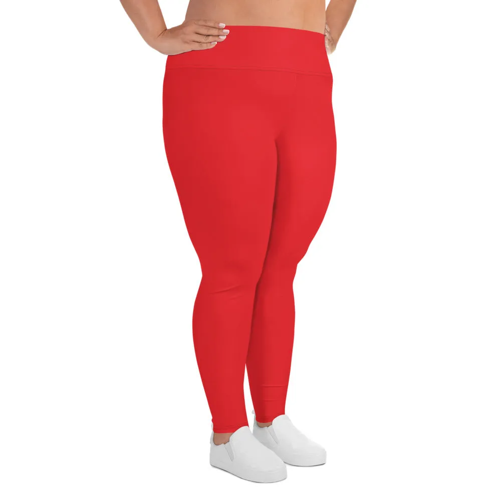 Bright Red Plus Size Leggings, Red Solid Color Women's Yoga Leggings-Made in USA/EU