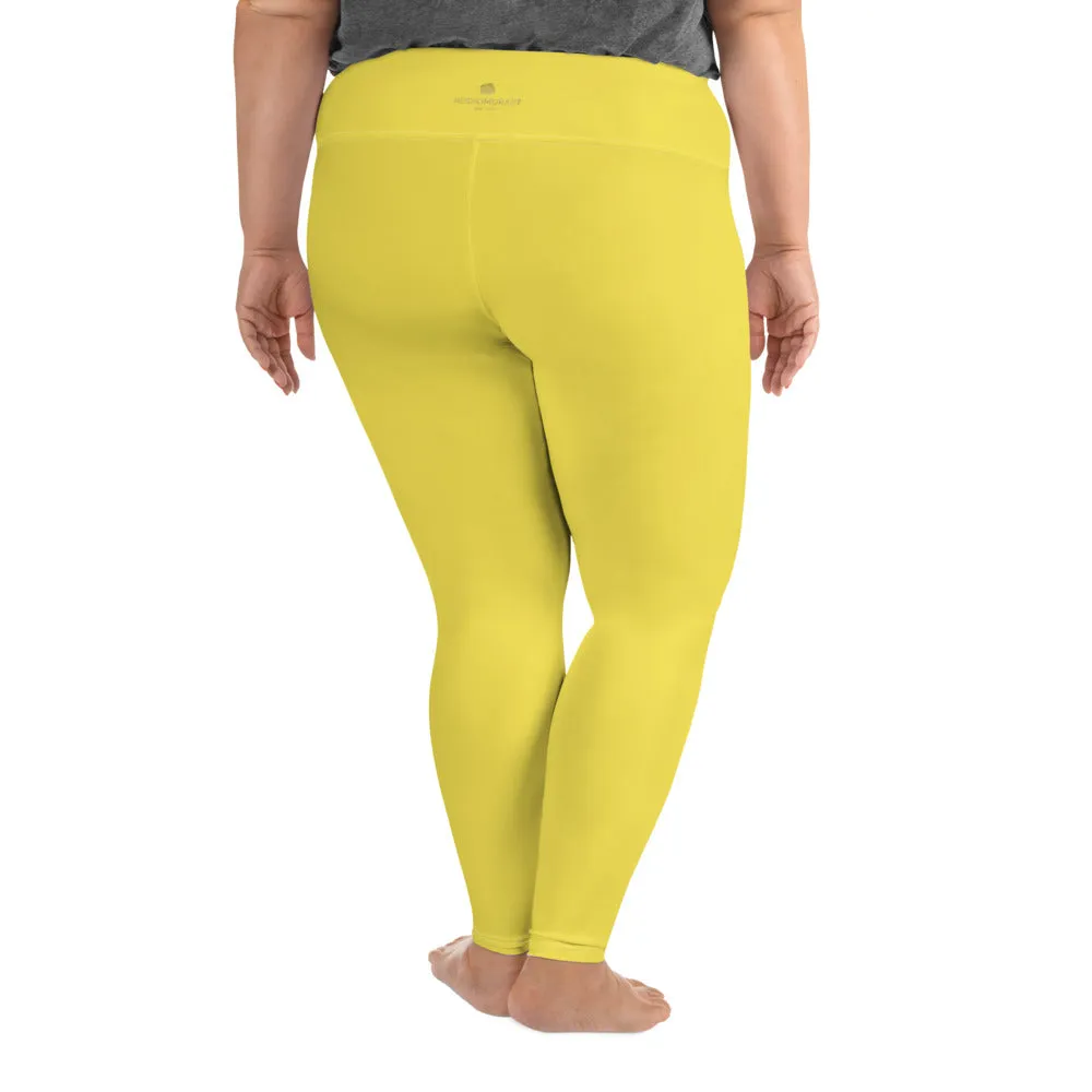 Bright Yellow Plus Size Leggings, Solid Color Women's Plus Size Yoga Pants- Made in USA/EU