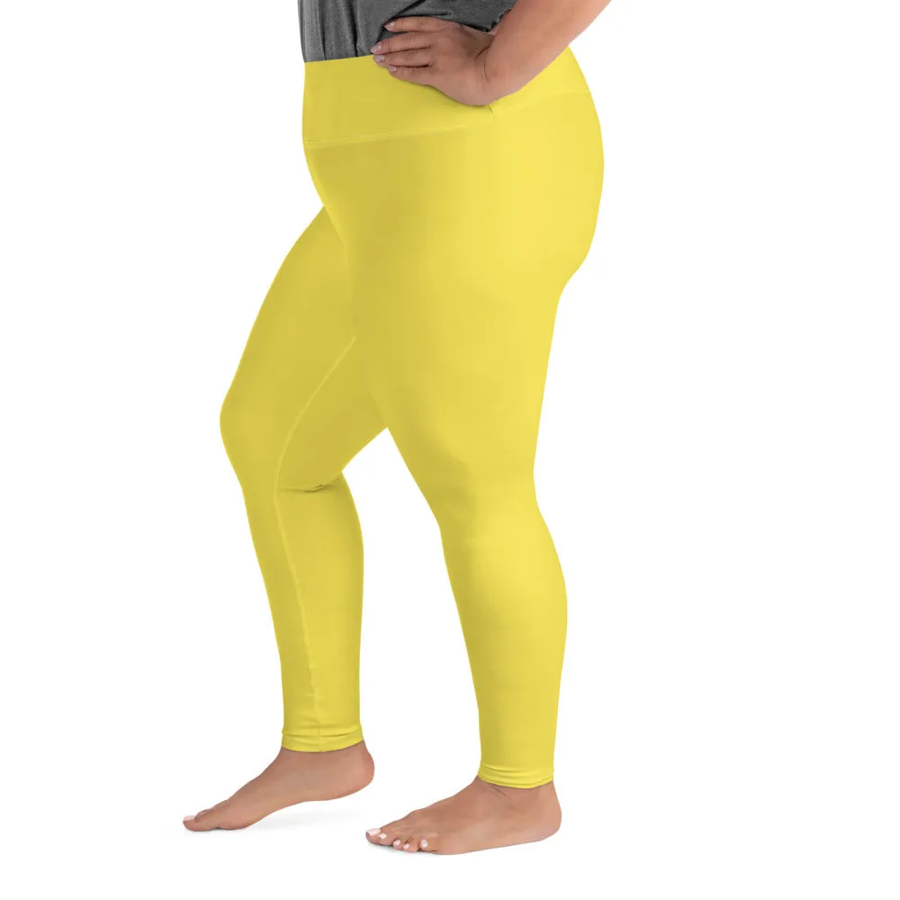 Bright Yellow Plus Size Leggings, Solid Color Women's Plus Size Yoga Pants- Made in USA/EU