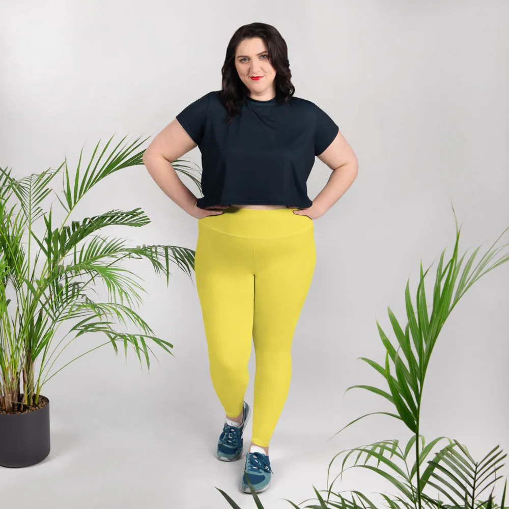 Bright Yellow Plus Size Leggings, Solid Color Women's Plus Size Yoga Pants- Made in USA/EU