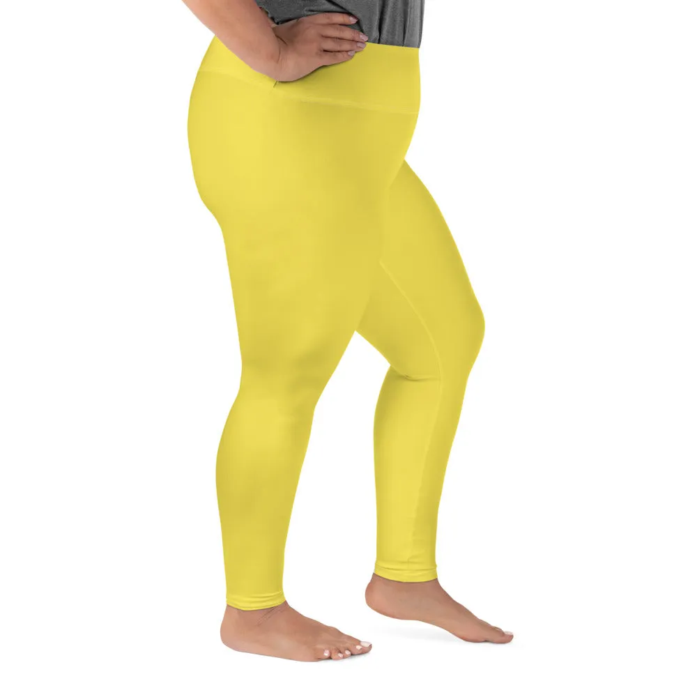 Bright Yellow Plus Size Leggings, Solid Color Women's Plus Size Yoga Pants- Made in USA/EU