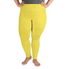 Bright Yellow Plus Size Leggings, Solid Color Women's Plus Size Yoga Pants- Made in USA/EU