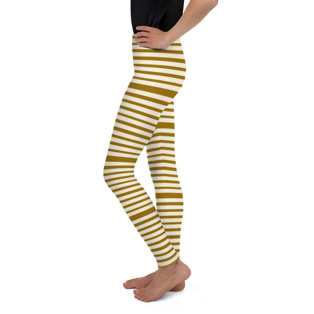 Brown Light Yellow Horizontal Stripe Print Premium Youth Leggings- Made in USA/EU