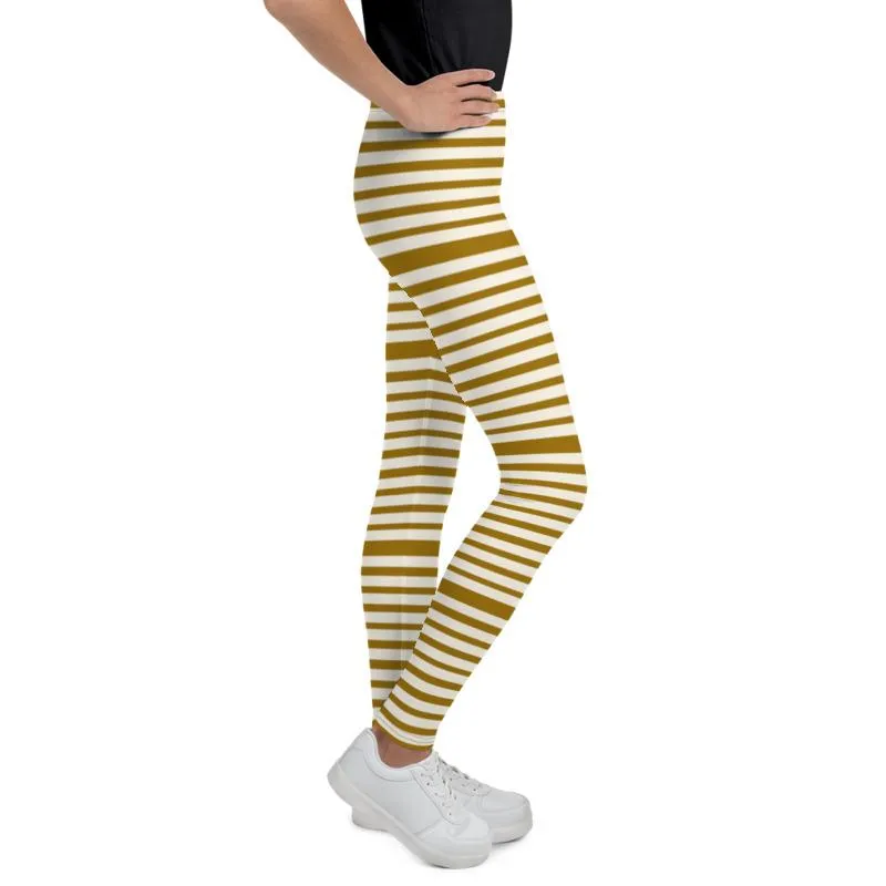 Brown Light Yellow Horizontal Stripe Print Premium Youth Leggings- Made in USA/EU