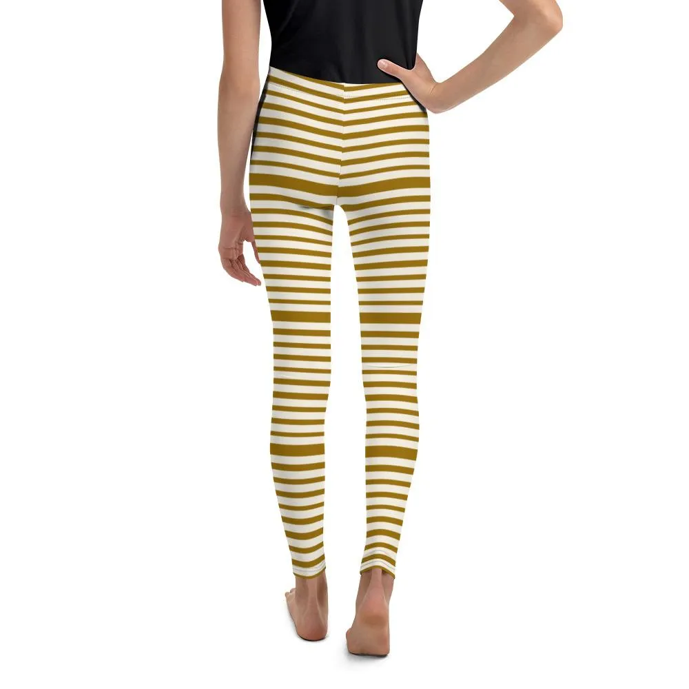 Brown Light Yellow Horizontal Stripe Print Premium Youth Leggings- Made in USA/EU