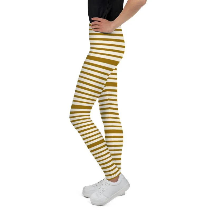 Brown Light Yellow Horizontal Stripe Print Premium Youth Leggings- Made in USA/EU