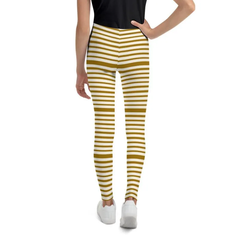 Brown Light Yellow Horizontal Stripe Print Premium Youth Leggings- Made in USA/EU