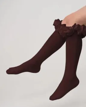 Brown Ruffle Knee School Socks