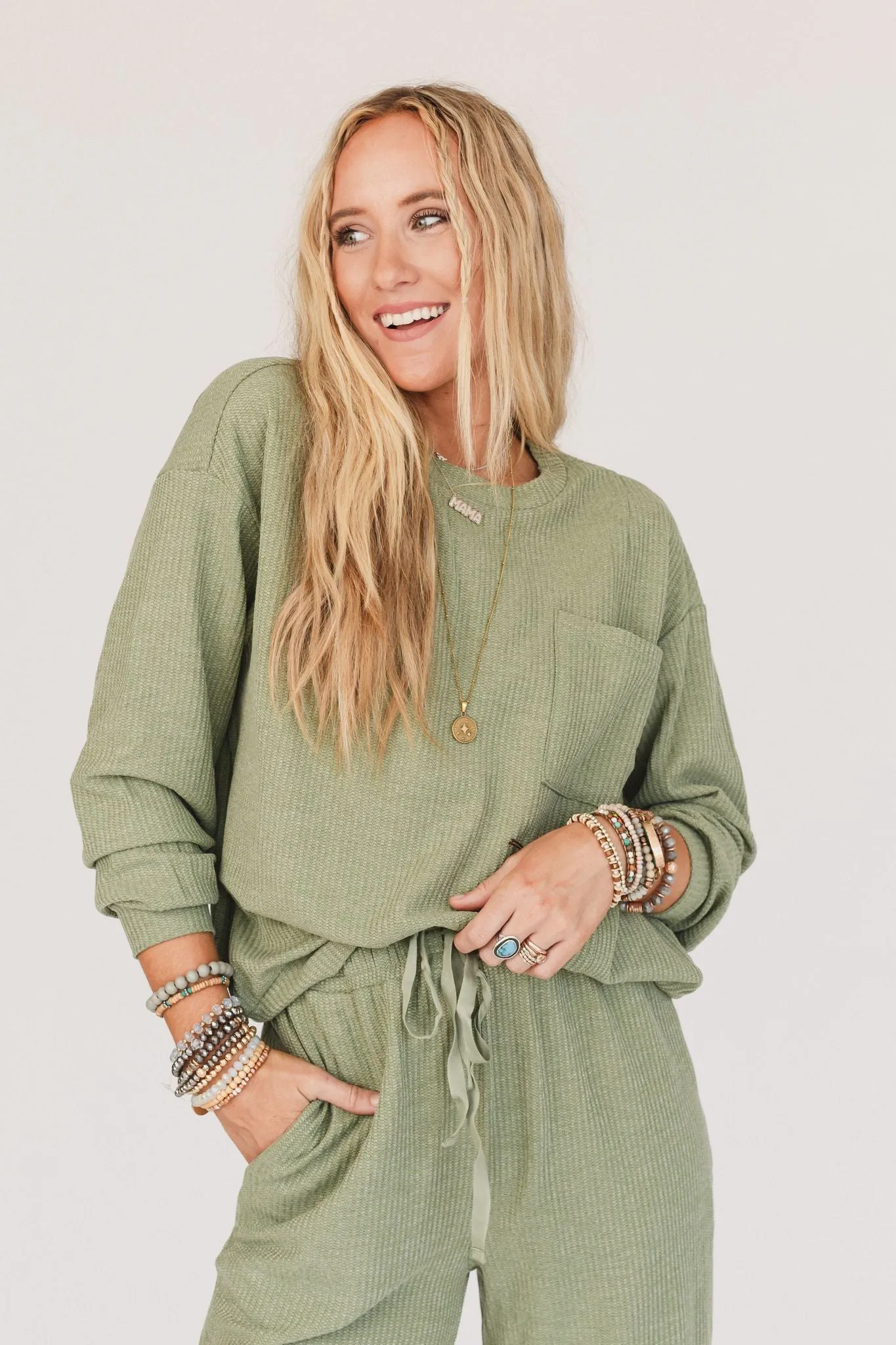 Calling The Shots Waffle Knit Set - Olive