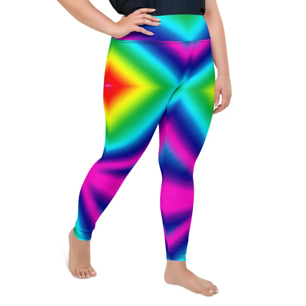 Chevron Rainbow Plus Size Tights, Best Ombre Bright Print Women's Plus Size Leggings- Made in USA/EU