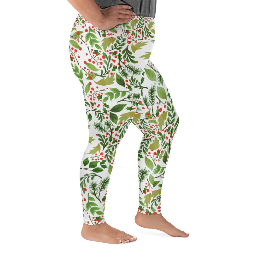 Christmas White Green Women's Tights, Winter Floral Print Women's Plus Size Leggings- Made in USA/ EU