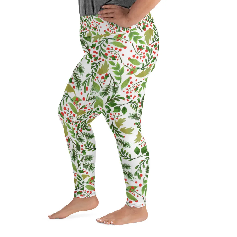 Christmas White Green Women's Tights, Winter Floral Print Women's Plus Size Leggings- Made in USA/ EU