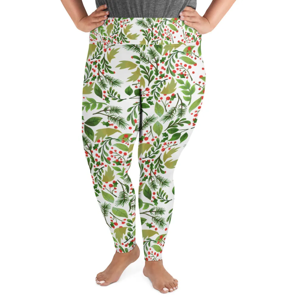 Christmas White Green Women's Tights, Winter Floral Print Women's Plus Size Leggings- Made in USA/ EU