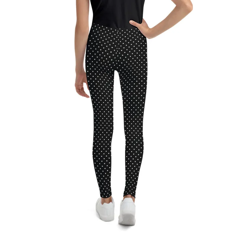 Classic Black White Polka Dots Print Premium Youth Leggings Tights - Made in USA/ EU